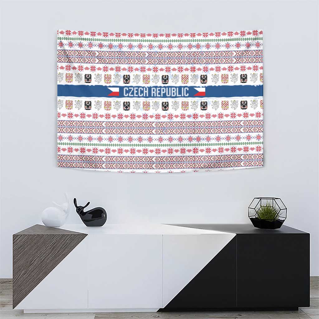 Czech Republic Christmas Tapestry with Folk Embroidery Design, National Coat of Arms, and Festive Motif - Wonder Print Shop
