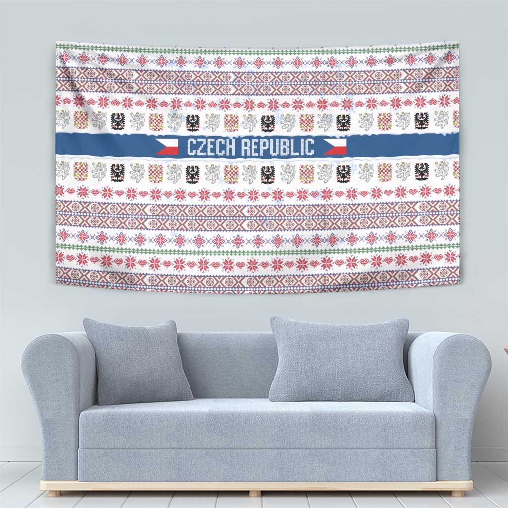 Czech Republic Christmas Tapestry with Folk Embroidery Design, National Coat of Arms, and Festive Motif - Wonder Print Shop