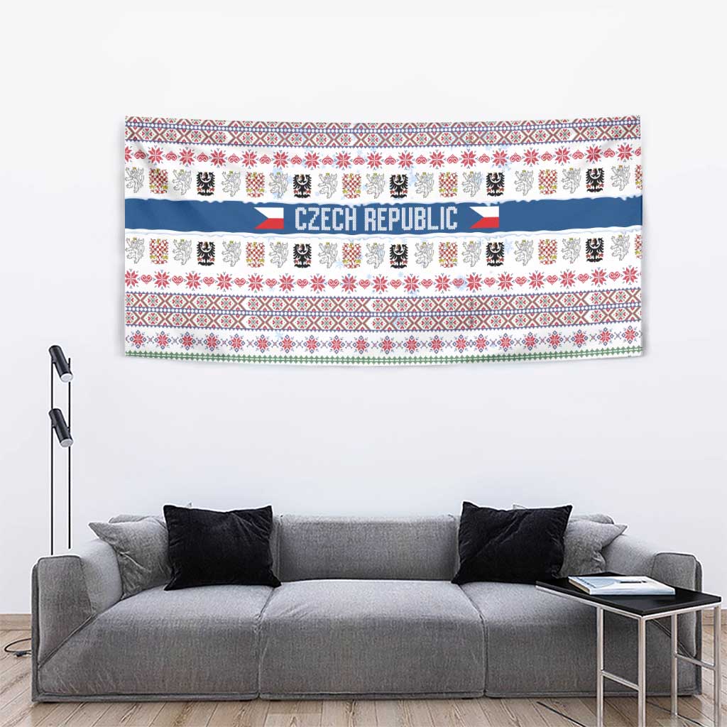 Czech Republic Christmas Tapestry with Folk Embroidery Design, National Coat of Arms, and Festive Motif - Wonder Print Shop