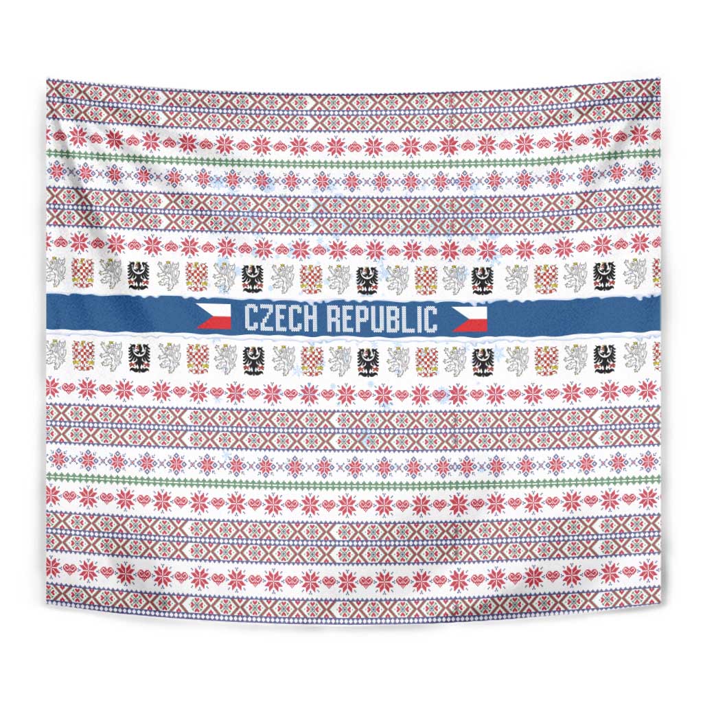Czech Republic Christmas Tapestry with Folk Embroidery Design, National Coat of Arms, and Festive Motif - Wonder Print Shop