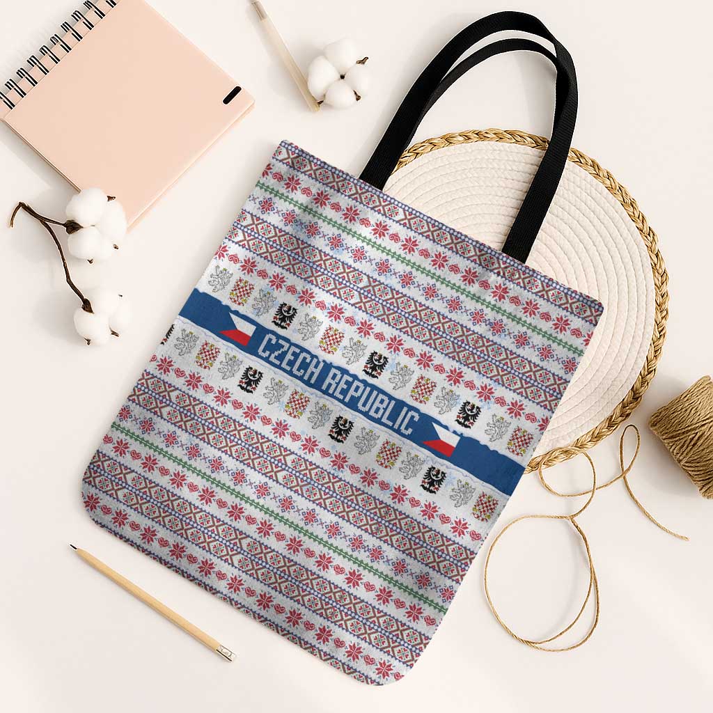 Czech Republic Christmas Tote Bag with Folk Embroidery Design, National Coat of Arms, and Festive Motif - Wonder Print Shop