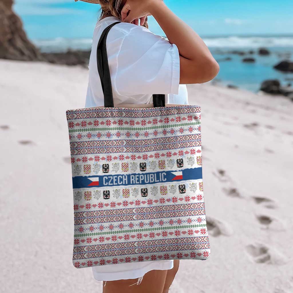Czech Republic Christmas Tote Bag with Folk Embroidery Design, National Coat of Arms, and Festive Motif - Wonder Print Shop