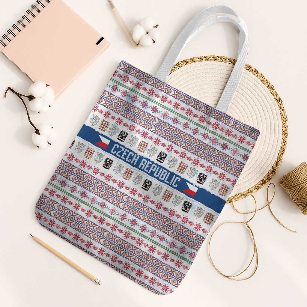 Czech Republic Christmas Tote Bag with Folk Embroidery Design, National Coat of Arms, and Festive Motif - Wonder Print Shop
