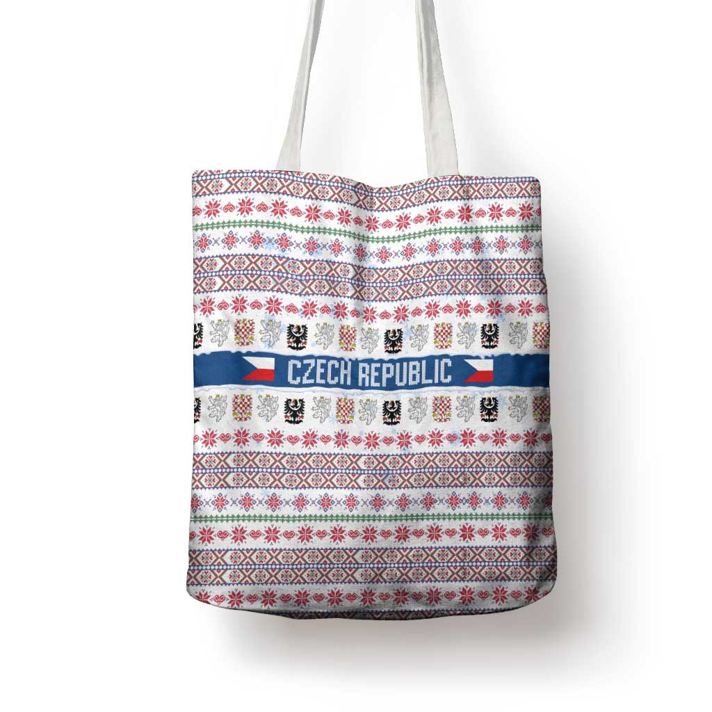 Czech Republic Christmas Tote Bag with Folk Embroidery Design, National Coat of Arms, and Festive Motif - Wonder Print Shop