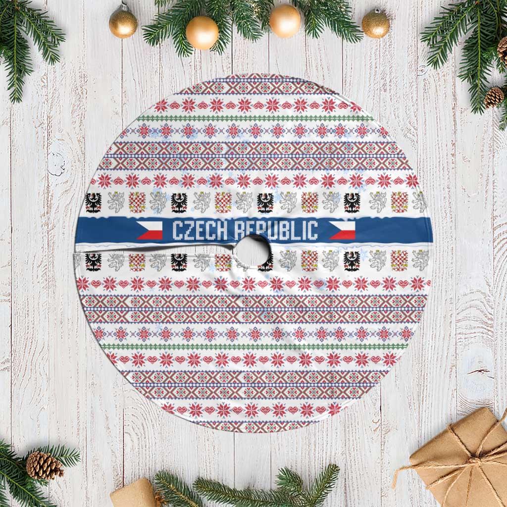 Czech Republic Christmas Tree Skirt with Folk Embroidery Design, National Coat of Arms, and Festive Motif - Wonder Print Shop