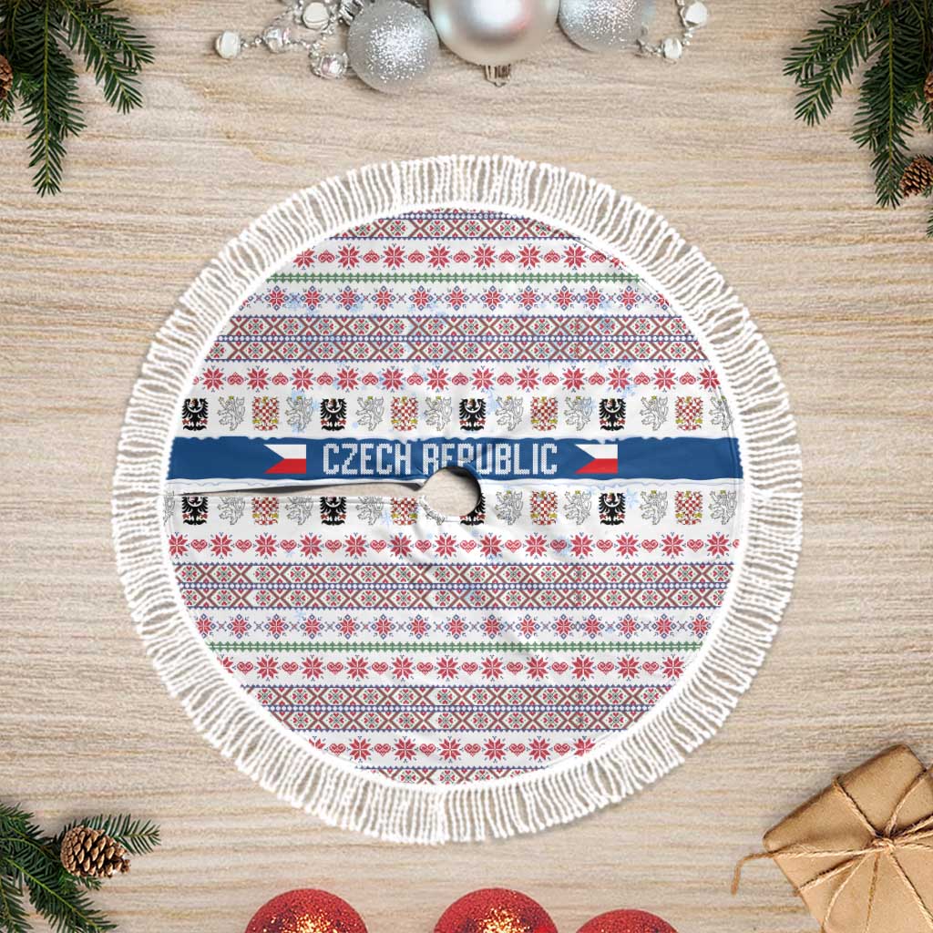 Czech Republic Christmas Tree Skirt with Folk Embroidery Design, National Coat of Arms, and Festive Motif - Wonder Print Shop
