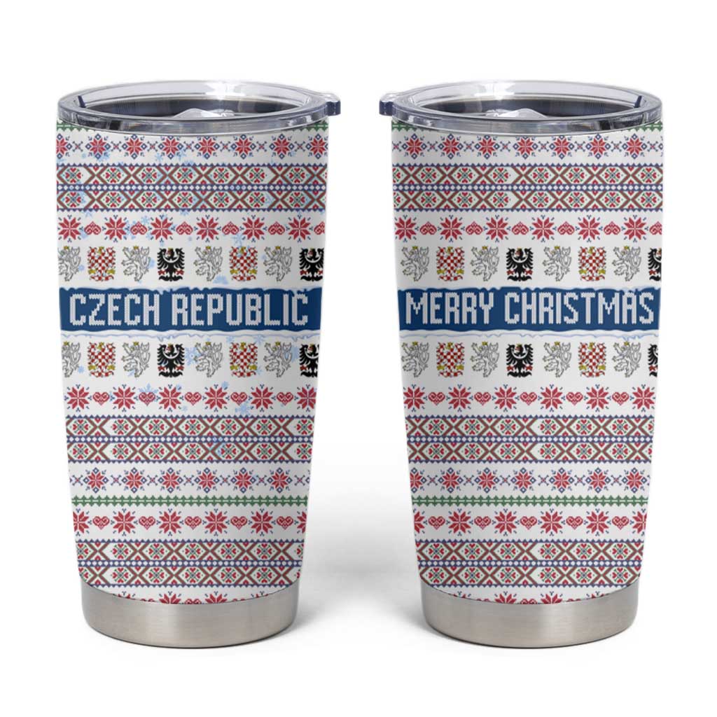 Czech Republic Christmas Tumbler Cup with Folk Embroidery Design, National Coat of Arms, and Festive Motif - Wonder Print Shop