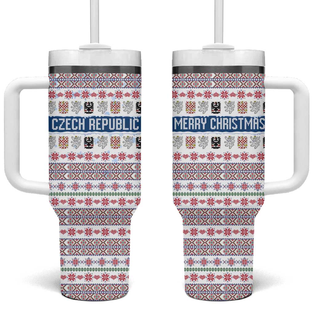 Czech Republic Christmas Tumbler With Handle with Folk Embroidery Design, National Coat of Arms, and Festive Motif - Wonder Print Shop