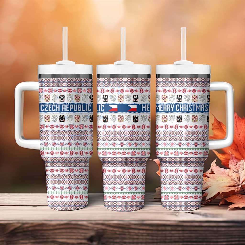 Czech Republic Christmas Tumbler With Handle with Folk Embroidery Design, National Coat of Arms, and Festive Motif - Wonder Print Shop