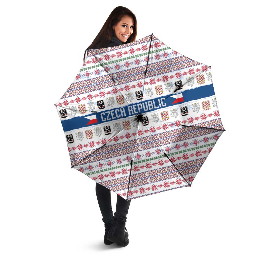 Czech Republic Christmas Umbrella with Folk Embroidery Design, National Coat of Arms, and Festive Motif - Wonder Print Shop