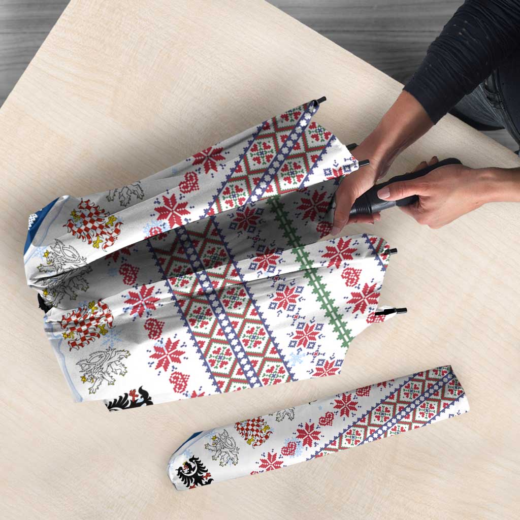 Czech Republic Christmas Umbrella with Folk Embroidery Design, National Coat of Arms, and Festive Motif - Wonder Print Shop