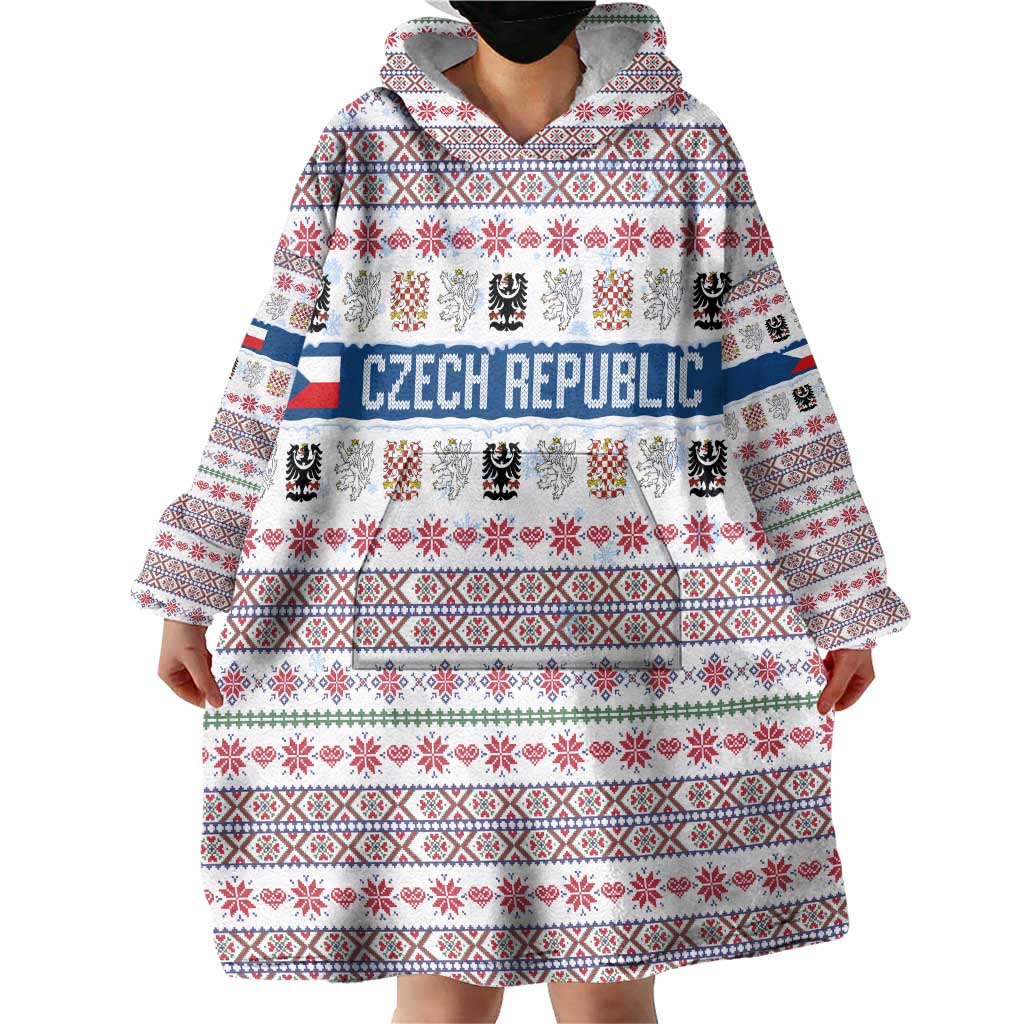 Czech Republic Christmas Wearable Blanket Hoodie with Folk Embroidery Design, National Coat of Arms, and Festive Motif - Wonder Print Shop