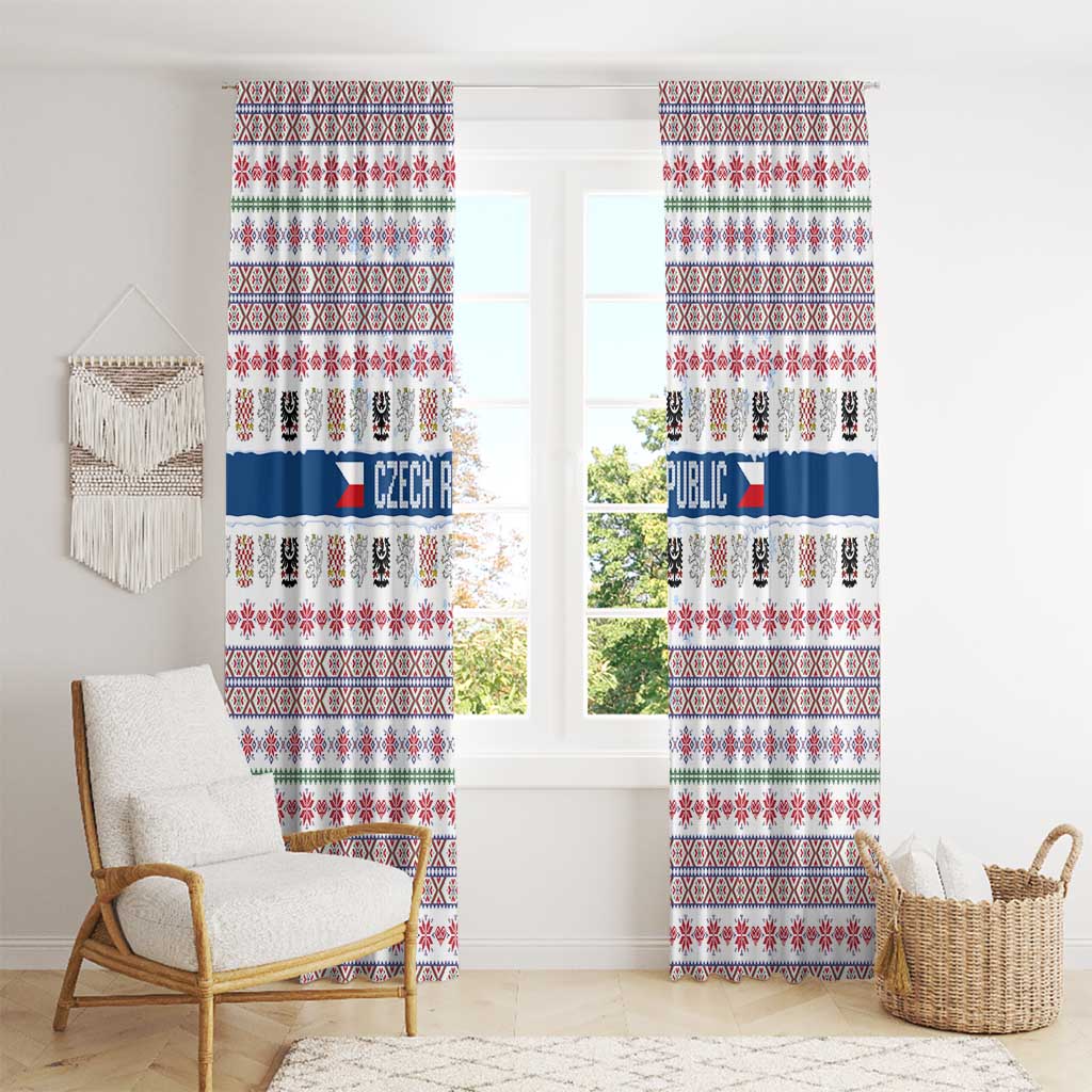 Czech Republic Christmas Window Curtain with Folk Embroidery Design, National Coat of Arms, and Festive Motif - Wonder Print Shop