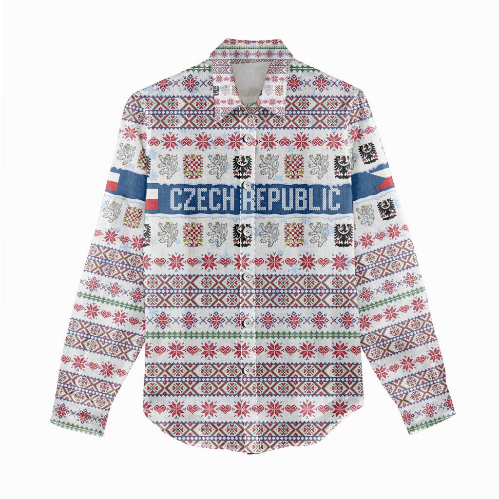 Czech Republic Christmas Women Casual Shirt with Folk Embroidery Design, National Coat of Arms, and Festive Motif - Wonder Print Shop