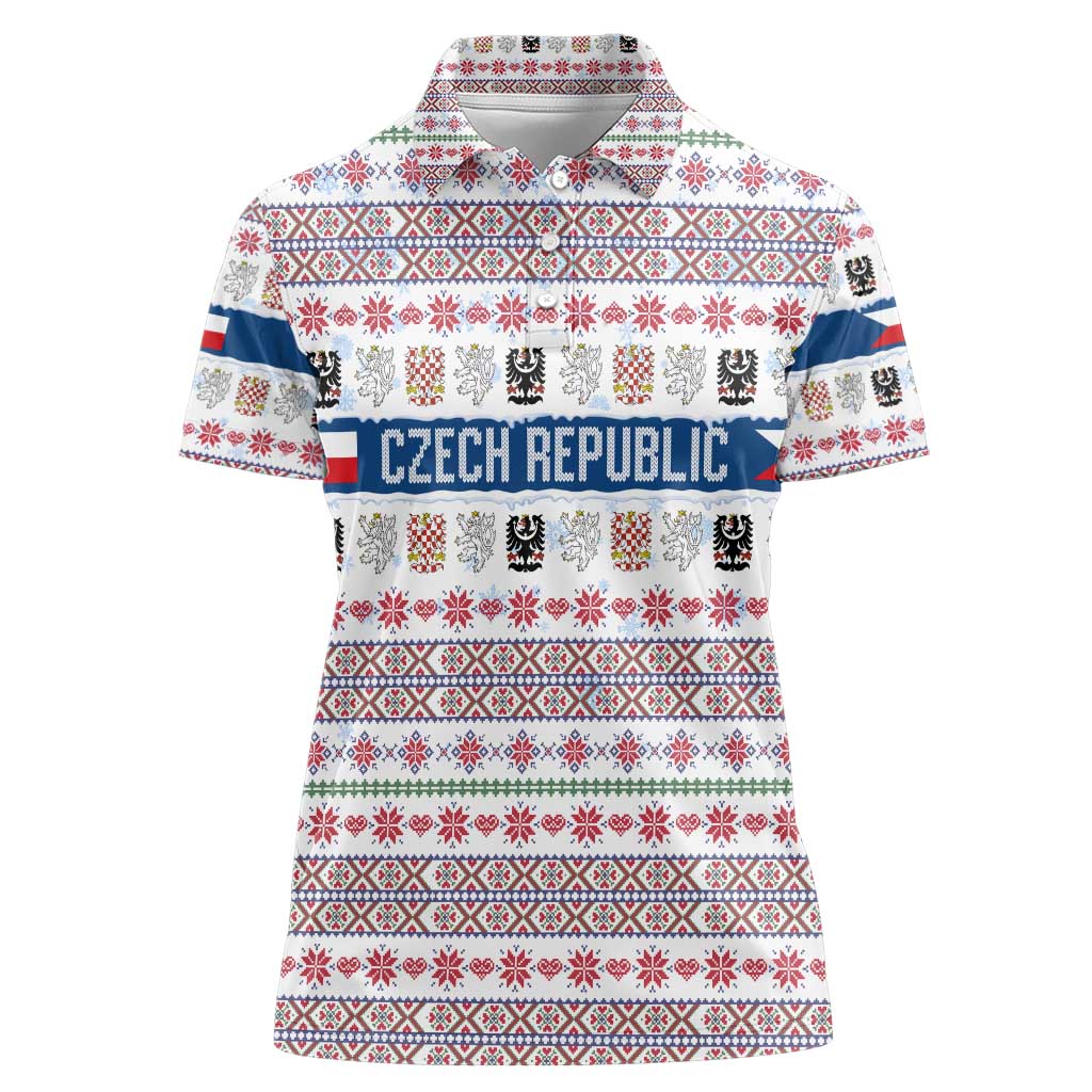 Czech Republic Christmas Women Polo Shirt with Folk Embroidery Design, National Coat of Arms, and Festive Motif - Wonder Print Shop