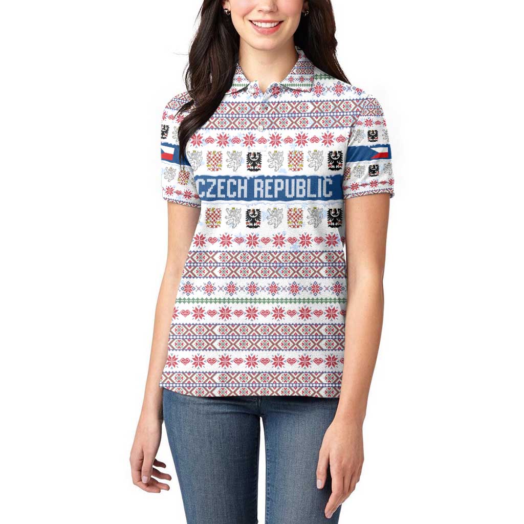 Czech Republic Christmas Women Polo Shirt with Folk Embroidery Design, National Coat of Arms, and Festive Motif - Wonder Print Shop