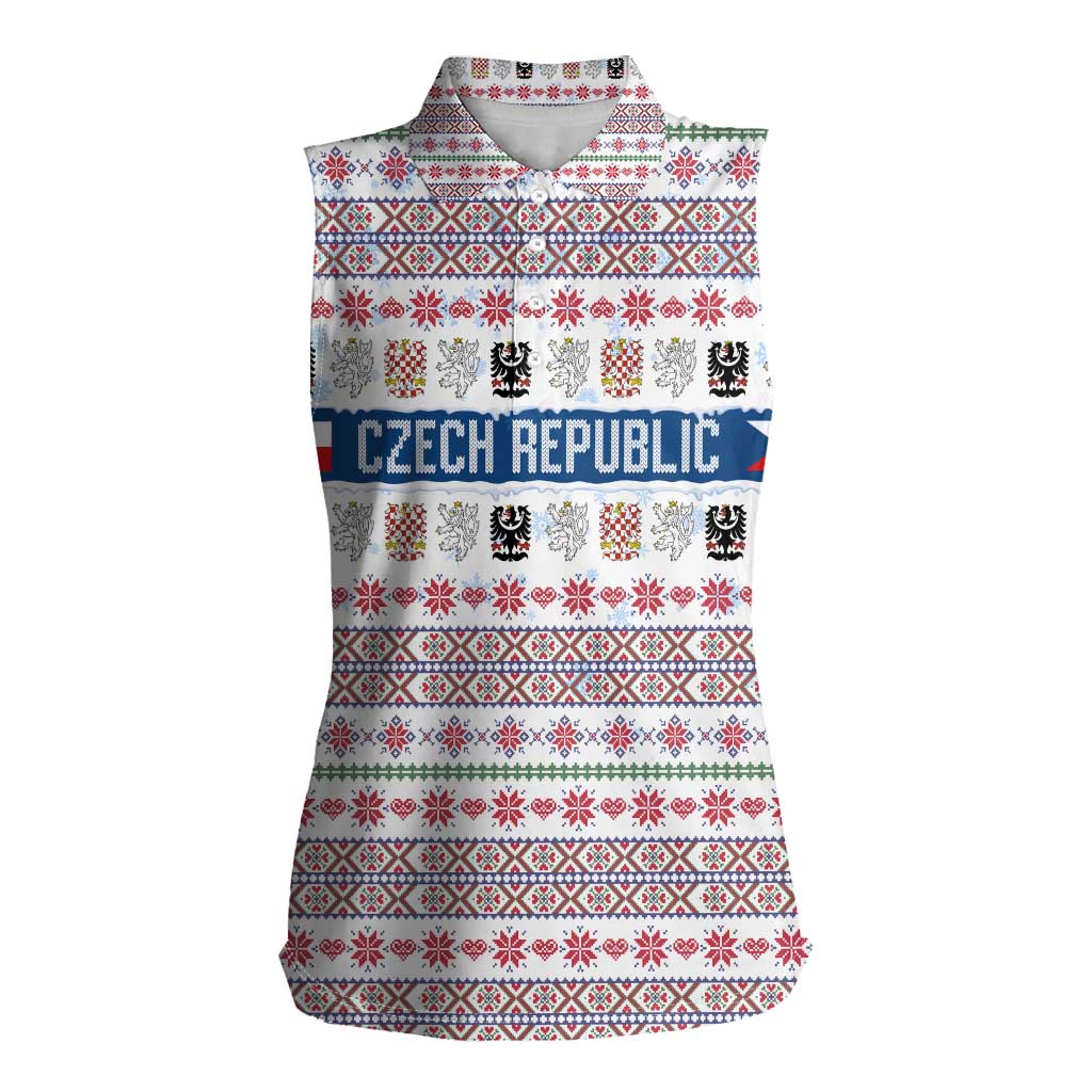 Czech Republic Christmas Women Sleeveless Polo Shirt with Folk Embroidery Design, National Coat of Arms, and Festive Motif - Wonder Print Shop