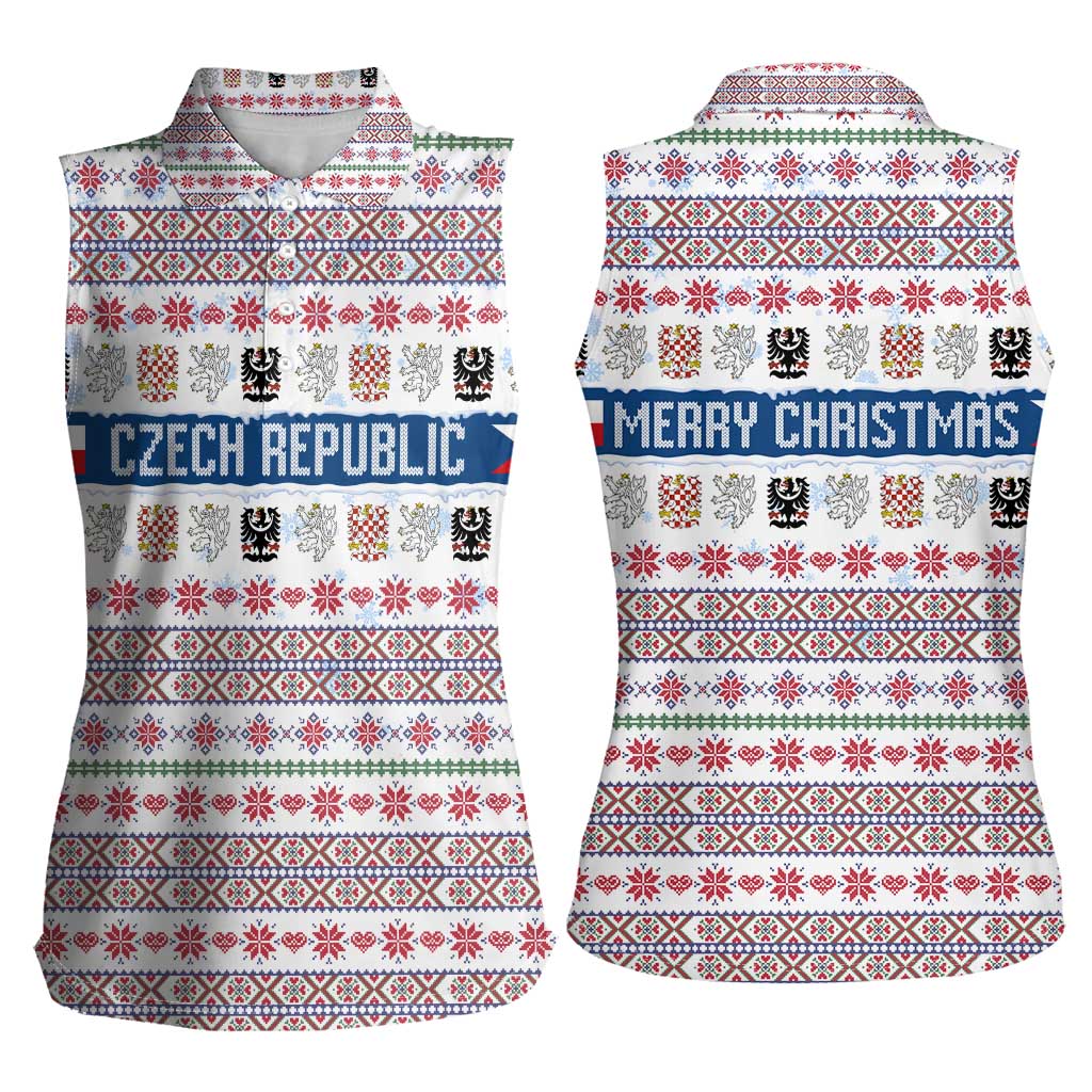 Czech Republic Christmas Women Sleeveless Polo Shirt with Folk Embroidery Design, National Coat of Arms, and Festive Motif - Wonder Print Shop