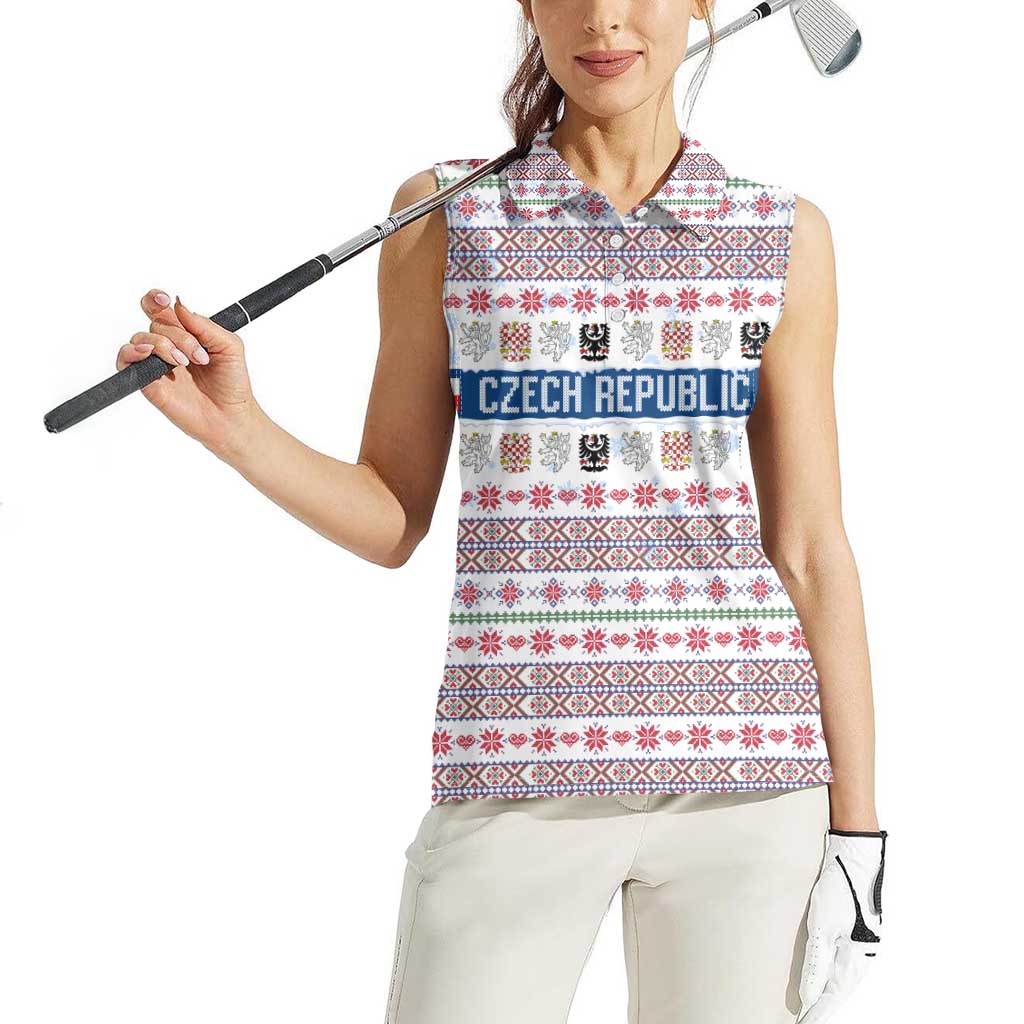 Czech Republic Christmas Women Sleeveless Polo Shirt with Folk Embroidery Design, National Coat of Arms, and Festive Motif - Wonder Print Shop