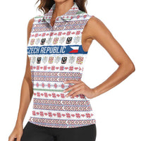 Czech Republic Christmas Women Sleeveless Polo Shirt with Folk Embroidery Design, National Coat of Arms, and Festive Motif - Wonder Print Shop