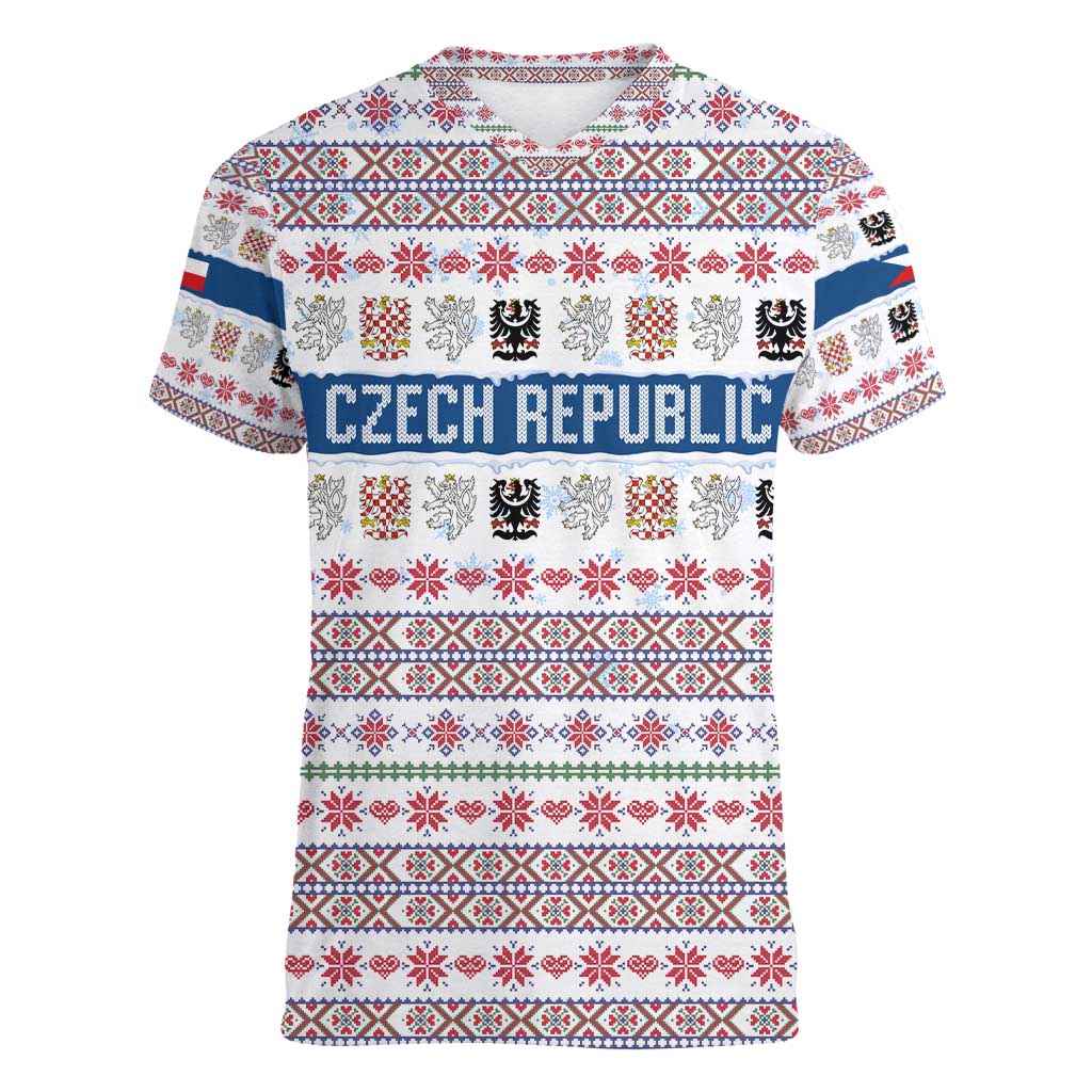 Czech Republic Christmas Women V-Neck T-Shirt with Folk Embroidery Design, National Coat of Arms, and Festive Motif - Wonder Print Shop