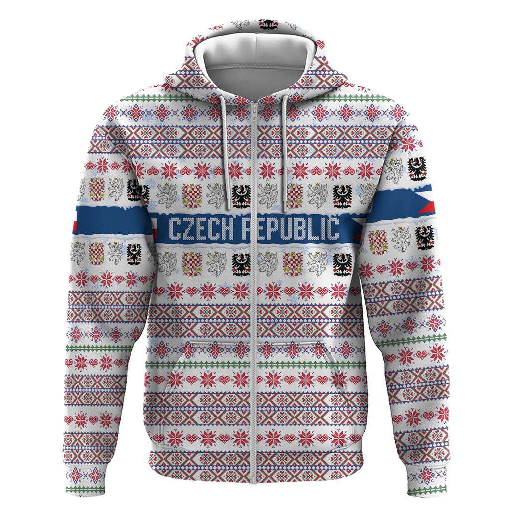 Czech Republic Christmas Zip Hoodie with Folk Embroidery Design, National Coat of Arms, and Festive Motif - Wonder Print Shop