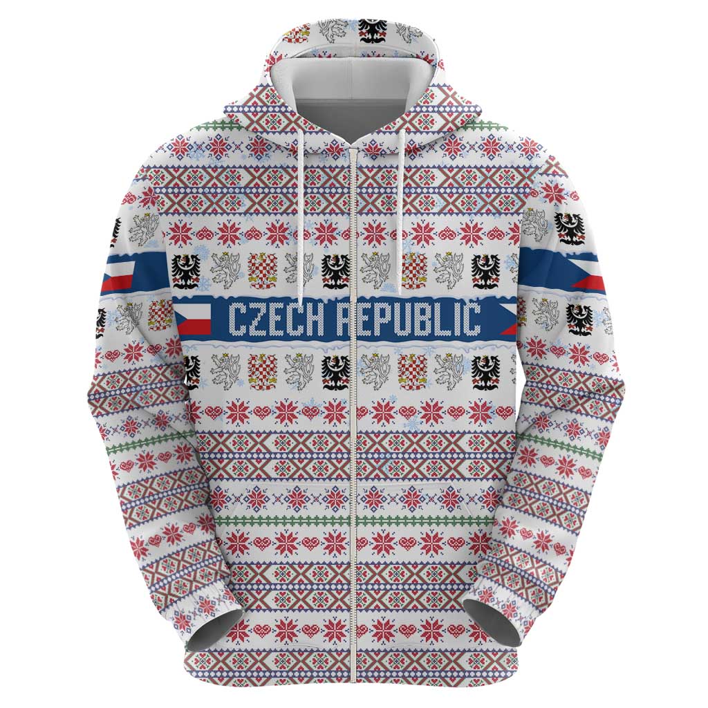 Czech Republic Christmas Zip Hoodie with Folk Embroidery Design, National Coat of Arms, and Festive Motif - Wonder Print Shop