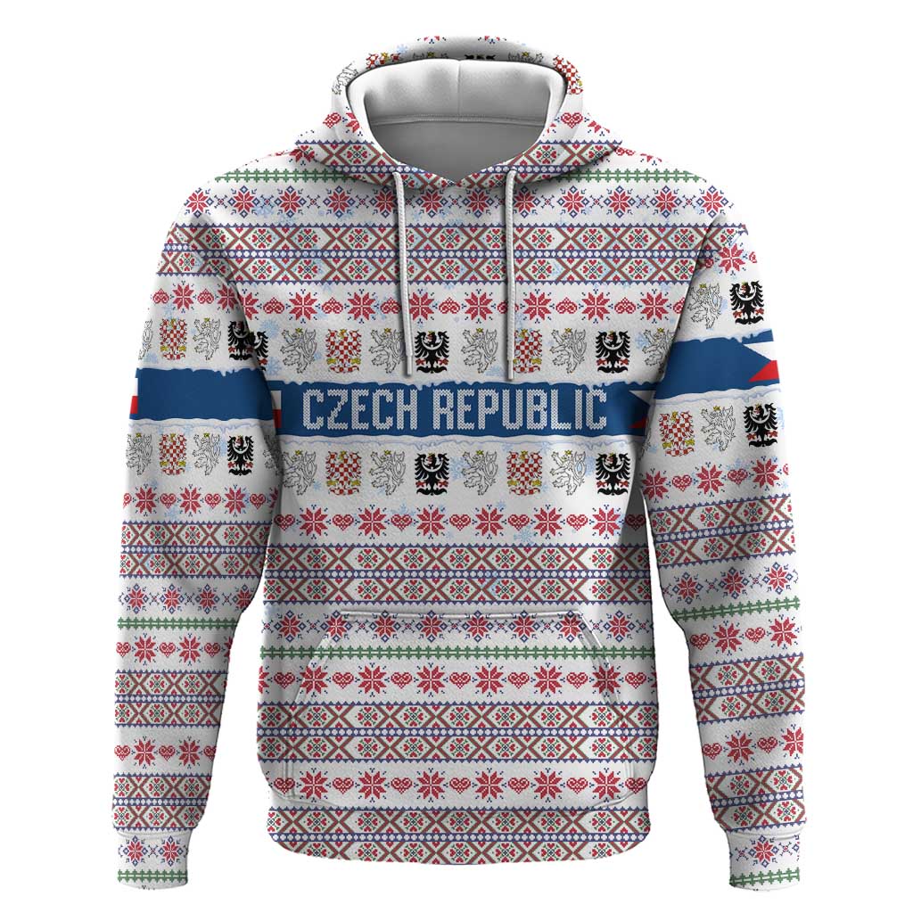 Czech Republic Christmas Zip Hoodie with Folk Embroidery Design, National Coat of Arms, and Festive Motif - Wonder Print Shop