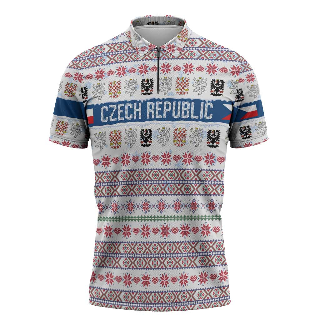 Czech Republic Christmas Zipper Polo Shirt with Folk Embroidery Design, National Coat of Arms, and Festive Motif - Wonder Print Shop