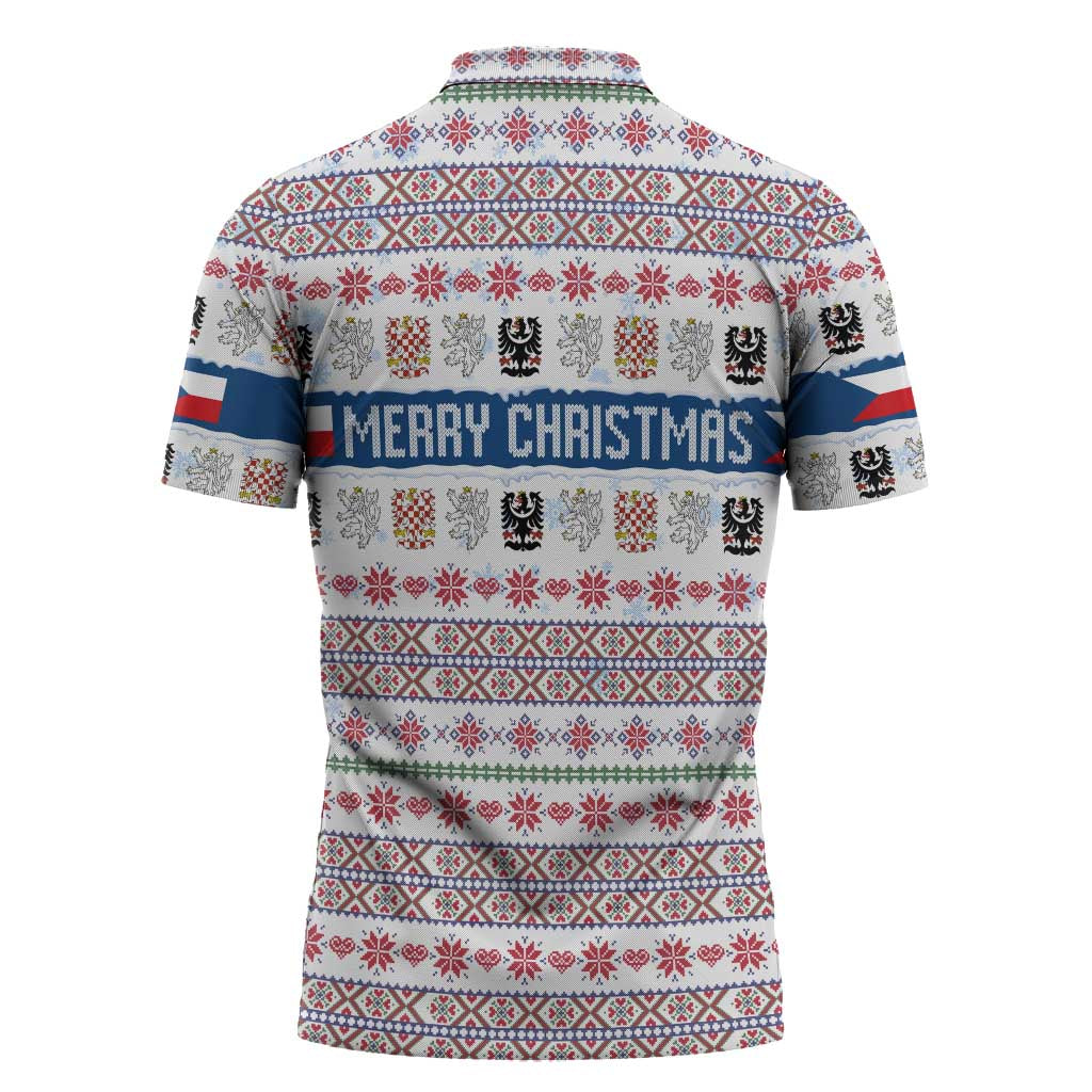 Czech Republic Christmas Zipper Polo Shirt with Folk Embroidery Design, National Coat of Arms, and Festive Motif - Wonder Print Shop