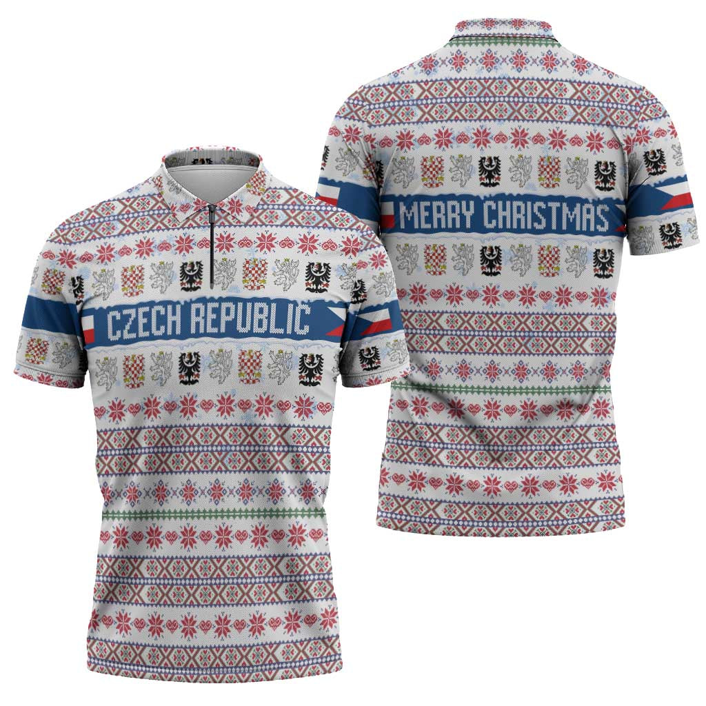 Czech Republic Christmas Zipper Polo Shirt with Folk Embroidery Design, National Coat of Arms, and Festive Motif - Wonder Print Shop