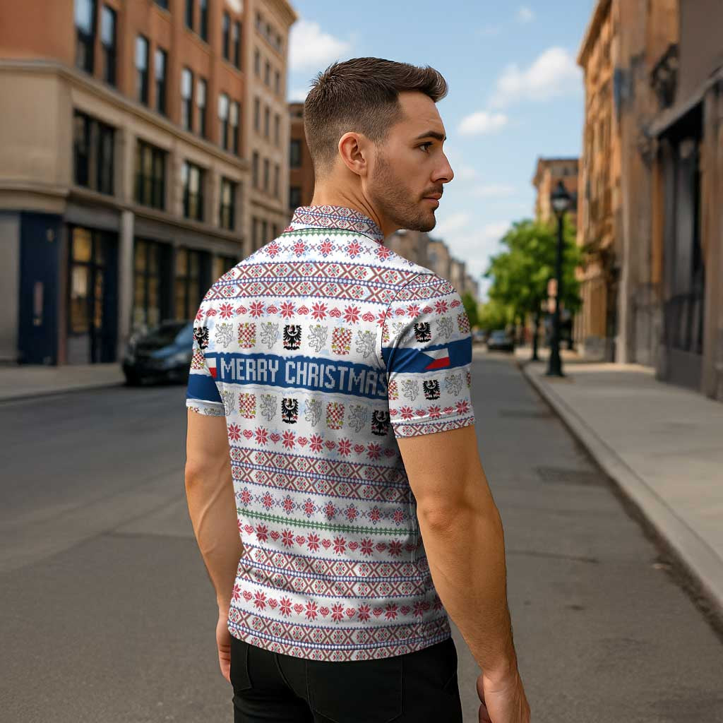 Czech Republic Christmas Zipper Polo Shirt with Folk Embroidery Design, National Coat of Arms, and Festive Motif - Wonder Print Shop