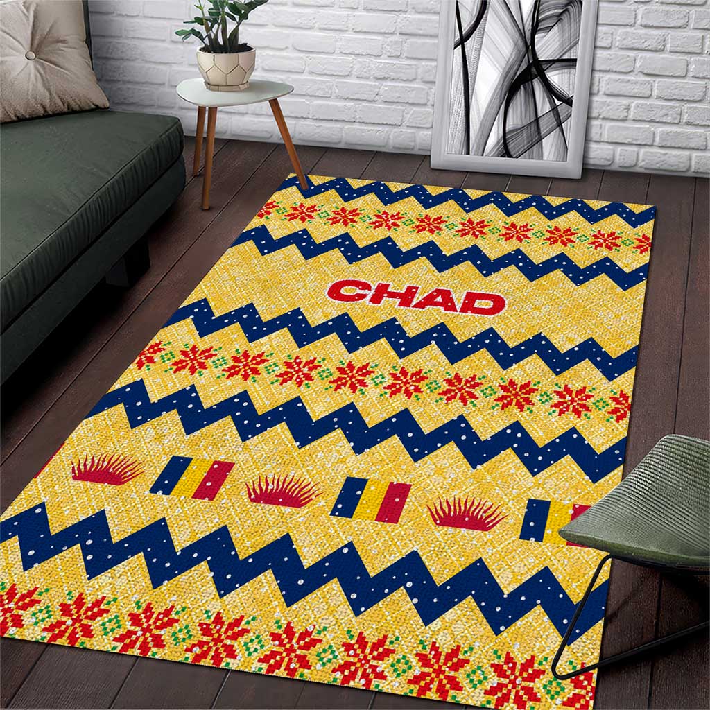 Chad Christmas Area Rug with Yellow-Blue Geometric Design, National Coat of Arms, and Festive Motif - Wonder Print Shop