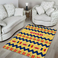 Chad Christmas Area Rug with Yellow-Blue Geometric Design, National Coat of Arms, and Festive Motif - Wonder Print Shop