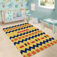 Chad Christmas Area Rug with Yellow-Blue Geometric Design, National Coat of Arms, and Festive Motif - Wonder Print Shop