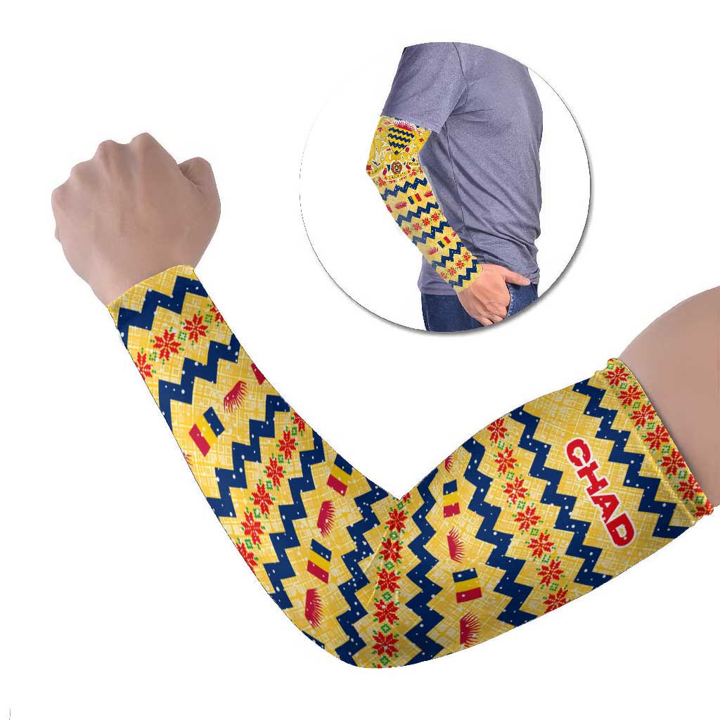Chad Christmas Arm Sleeves with Yellow-Blue Geometric Design, National Coat of Arms, and Festive Motif - Wonder Print Shop