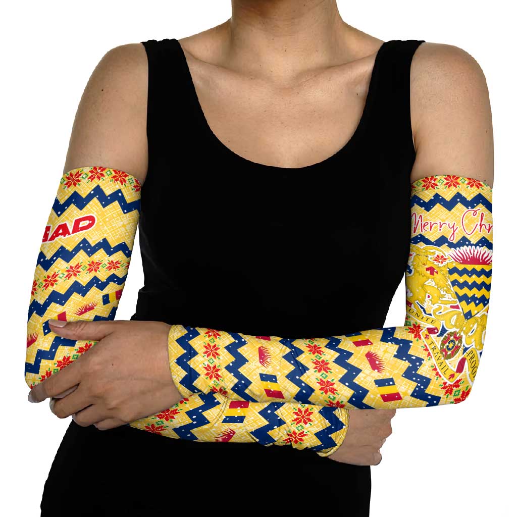 Chad Christmas Arm Sleeves with Yellow-Blue Geometric Design, National Coat of Arms, and Festive Motif - Wonder Print Shop