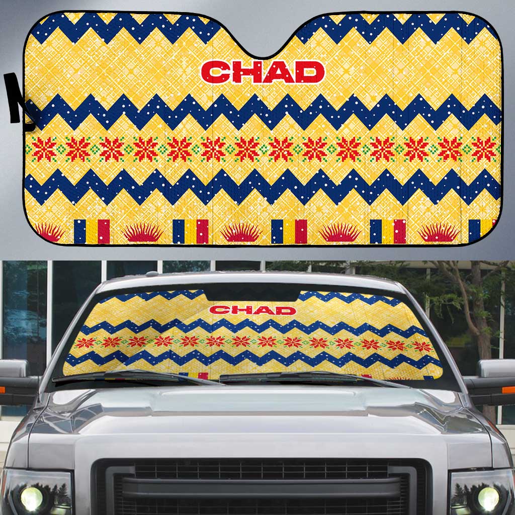 Chad Christmas Auto Sun Shade with Yellow-Blue Geometric Design, National Coat of Arms, and Festive Motif - Wonder Print Shop