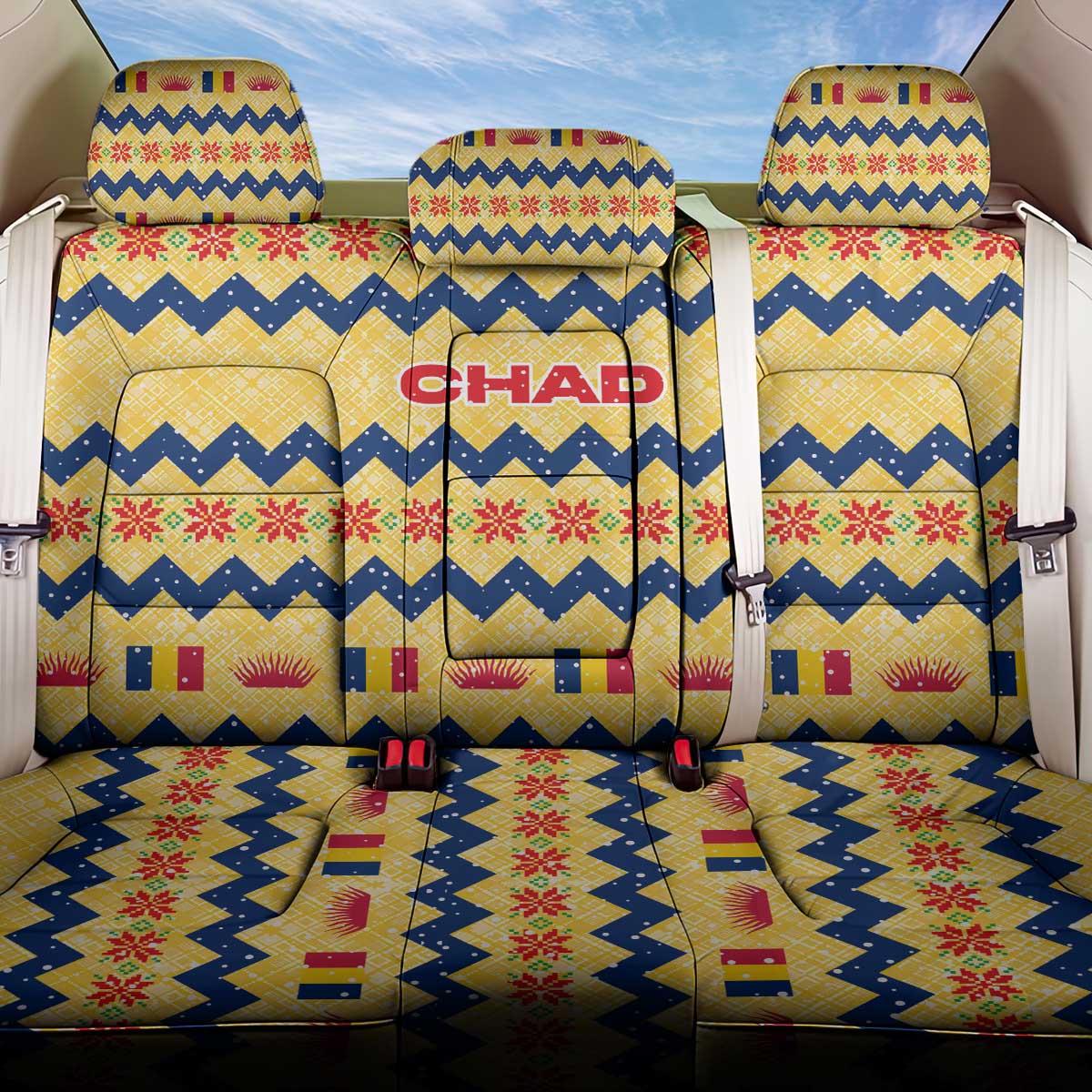 Chad Christmas Back Car Seat Cover with Yellow-Blue Geometric Design, National Coat of Arms, and Festive Motif - Wonder Print Shop