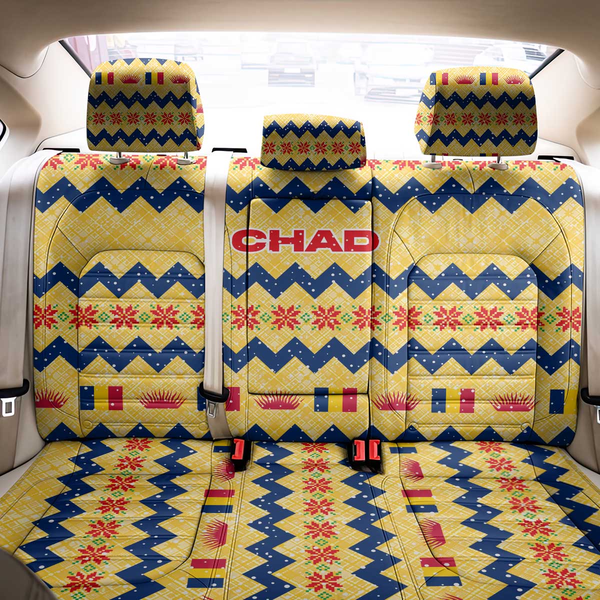 Chad Christmas Back Car Seat Cover with Yellow-Blue Geometric Design, National Coat of Arms, and Festive Motif - Wonder Print Shop