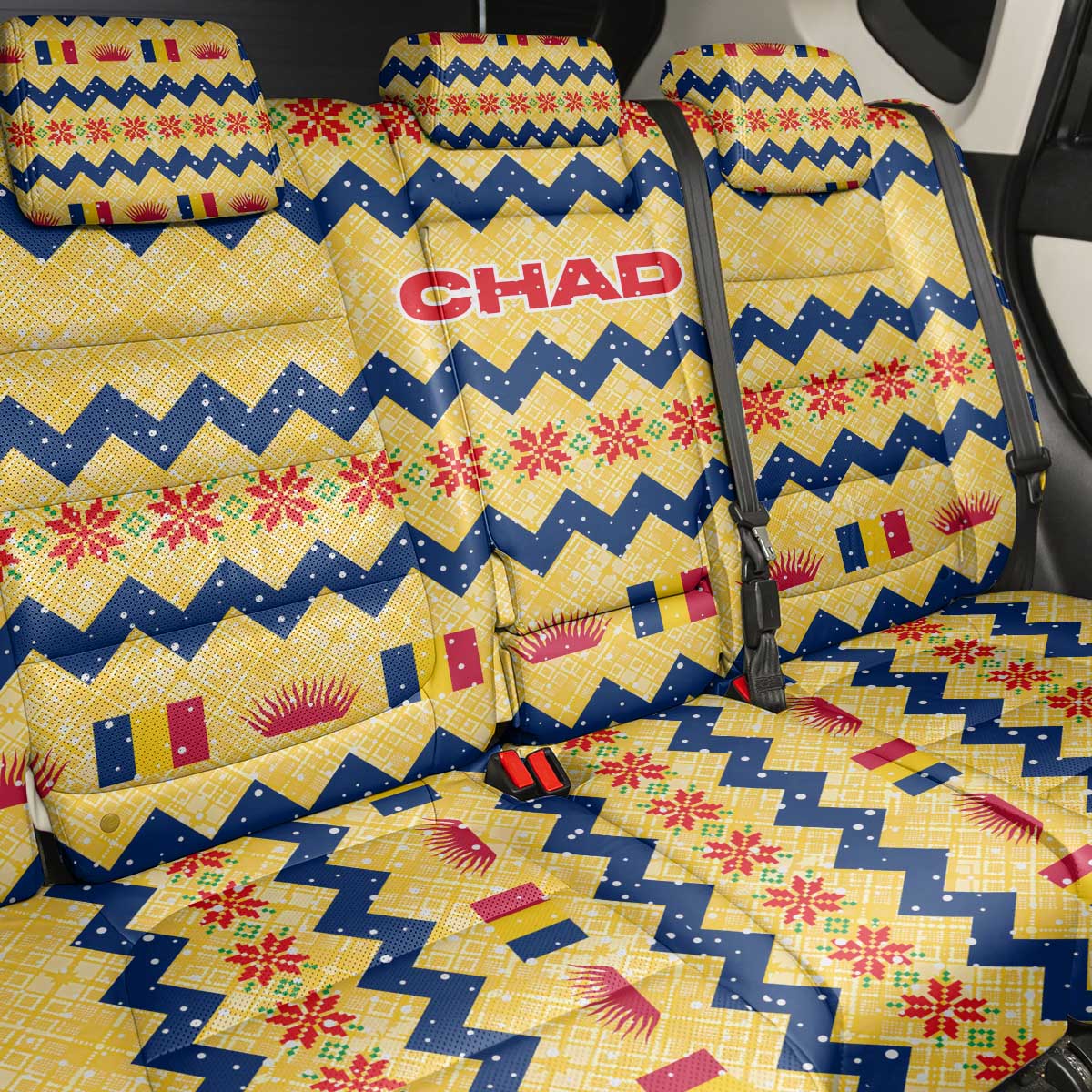 Chad Christmas Back Car Seat Cover with Yellow-Blue Geometric Design, National Coat of Arms, and Festive Motif - Wonder Print Shop