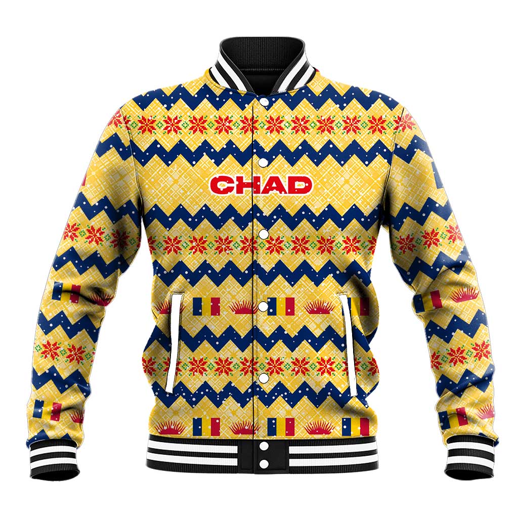 Chad Christmas Baseball Jacket with Yellow-Blue Geometric Design, National Coat of Arms, and Festive Motif - Wonder Print Shop