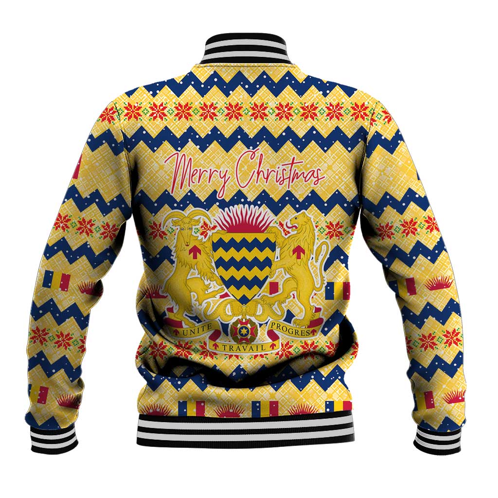 Chad Christmas Baseball Jacket with Yellow-Blue Geometric Design, National Coat of Arms, and Festive Motif - Wonder Print Shop