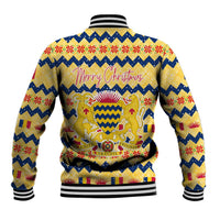 Chad Christmas Baseball Jacket with Yellow-Blue Geometric Design, National Coat of Arms, and Festive Motif - Wonder Print Shop