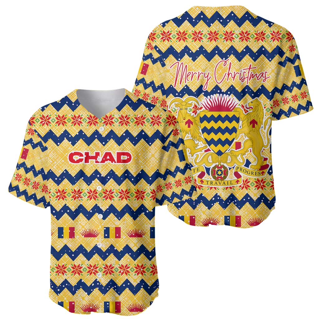 Chad Christmas Baseball Jersey with Yellow-Blue Geometric Design, National Coat of Arms, and Festive Motif - Wonder Print Shop