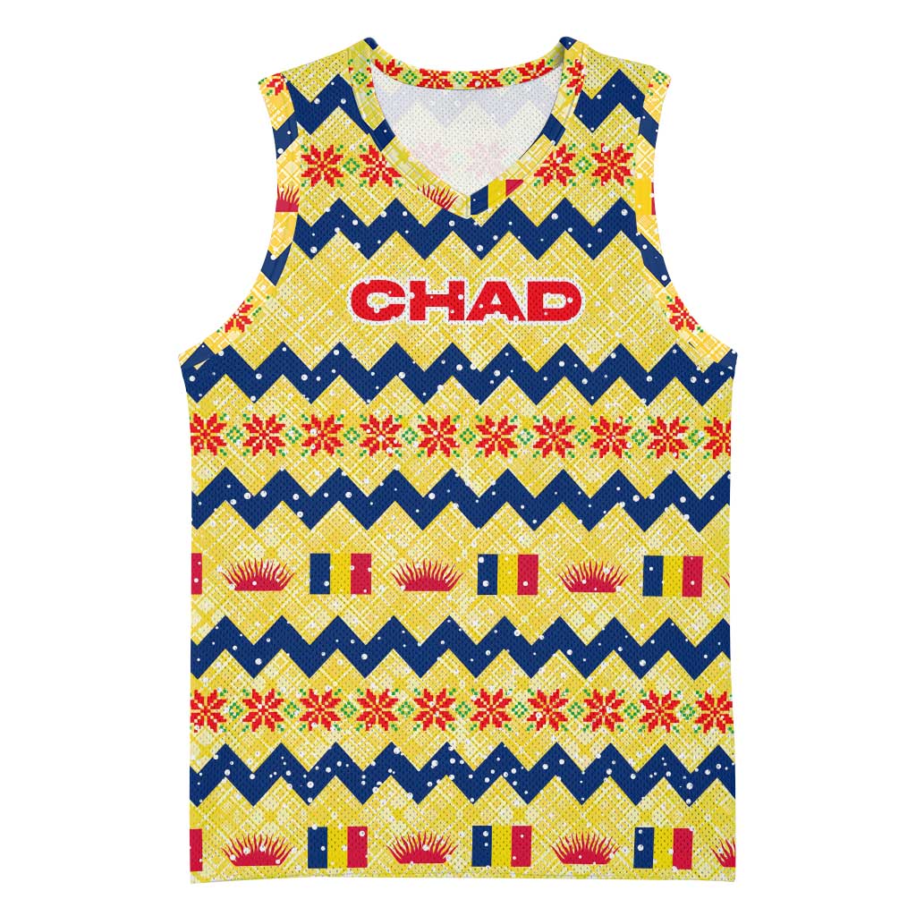 Chad Christmas Basketball Jersey with Yellow-Blue Geometric Design, National Coat of Arms, and Festive Motif - Wonder Print Shop