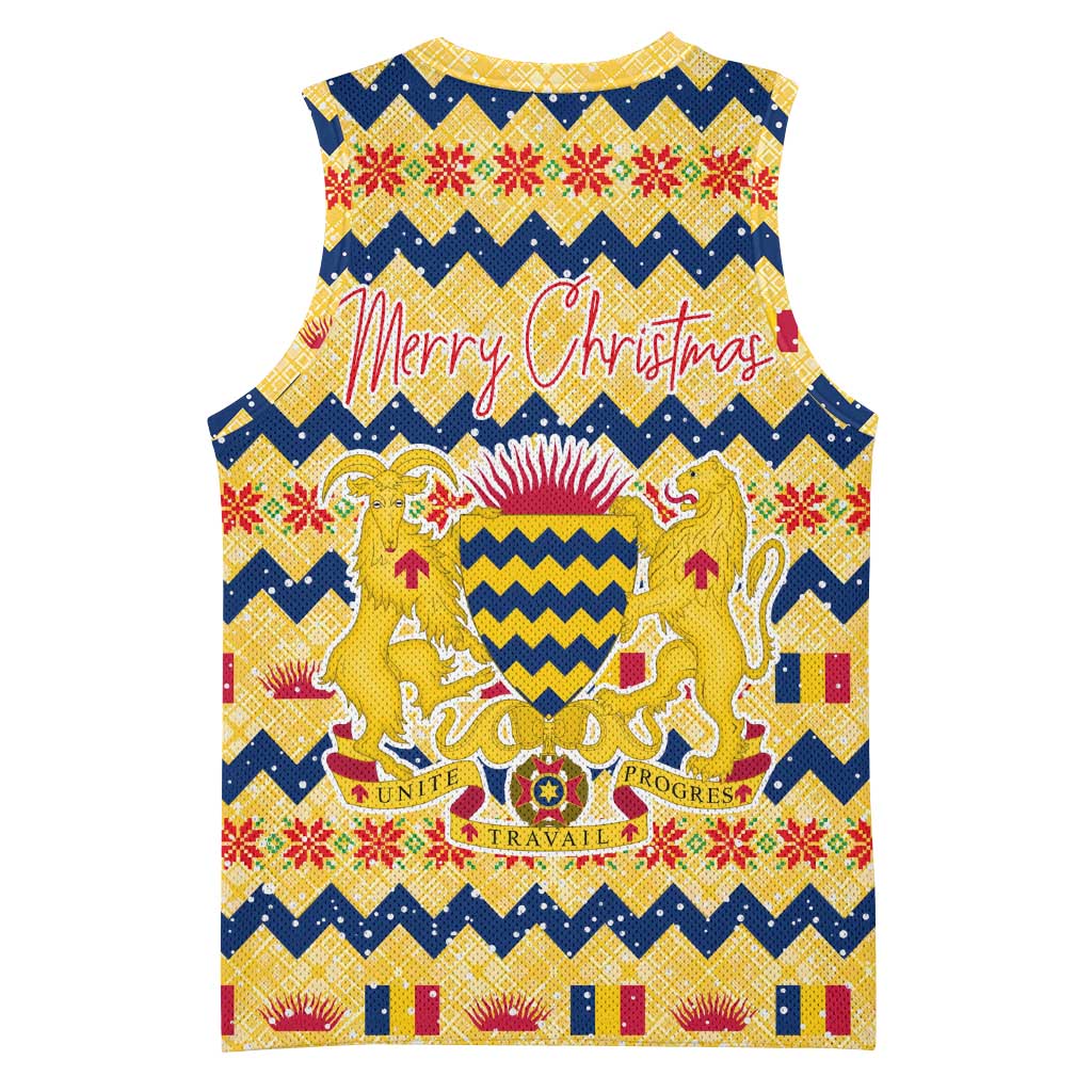 Chad Christmas Basketball Jersey with Yellow-Blue Geometric Design, National Coat of Arms, and Festive Motif - Wonder Print Shop