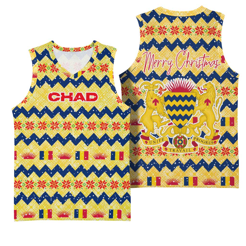 Chad Christmas Basketball Jersey with Yellow-Blue Geometric Design, National Coat of Arms, and Festive Motif - Wonder Print Shop