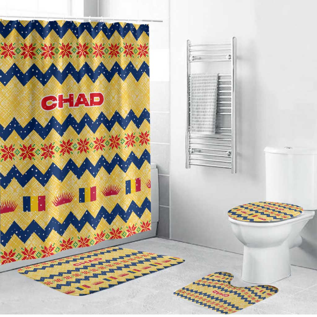 Chad Christmas Bathroom Set with Yellow-Blue Geometric Design, National Coat of Arms, and Festive Motif - Wonder Print Shop