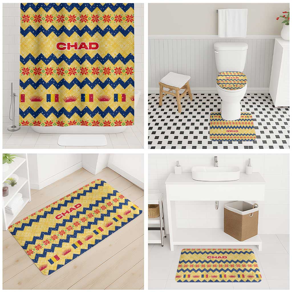 Chad Christmas Bathroom Set with Yellow-Blue Geometric Design, National Coat of Arms, and Festive Motif - Wonder Print Shop